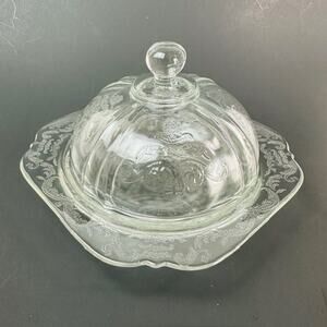 Indiana Glass Recollection Clear Round Covered Butter Dish Clear, Scroll Design